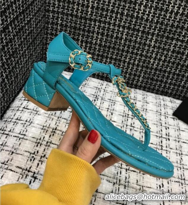 Sumptuous Chanel Leather Heel Thong Sandals with Chain Charm 040895 Peacock Green