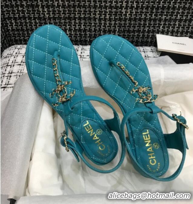 Sumptuous Chanel Leather Heel Thong Sandals with Chain Charm 040895 Peacock Green