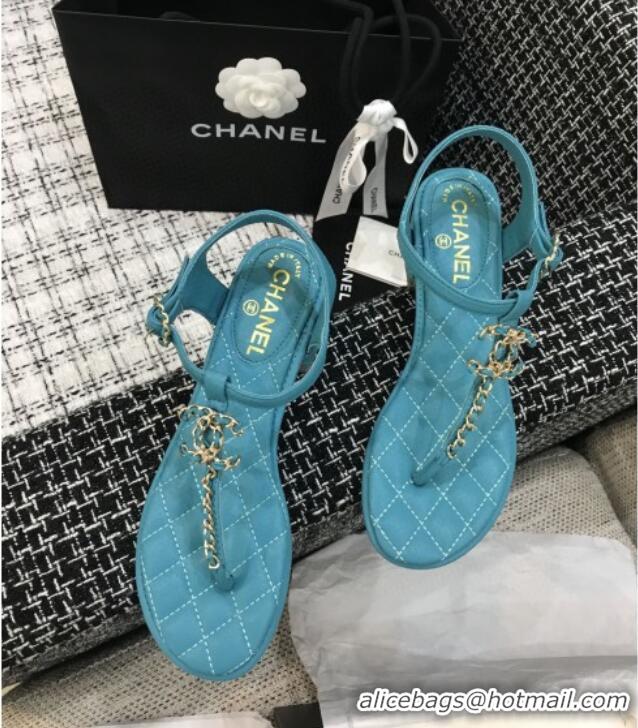 Sumptuous Chanel Leather Heel Thong Sandals with Chain Charm 040895 Peacock Green