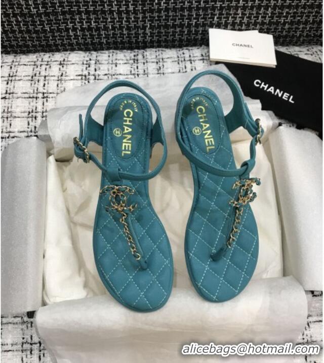 Sumptuous Chanel Leather Heel Thong Sandals with Chain Charm 040895 Peacock Green