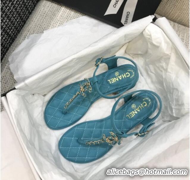 Sumptuous Chanel Leather Heel Thong Sandals with Chain Charm 040895 Peacock Green