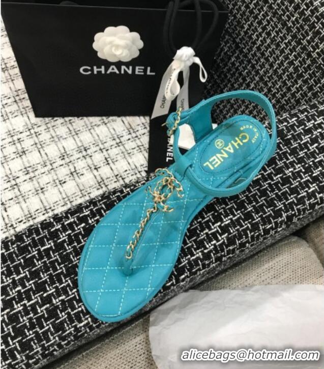 Sumptuous Chanel Leather Heel Thong Sandals with Chain Charm 040895 Peacock Green