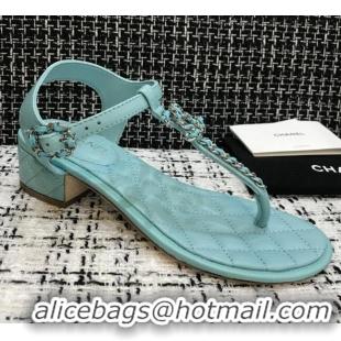 Unique Style Chanel Leather Heel Thong Sandals with Chain Charm 040895 Light Blue