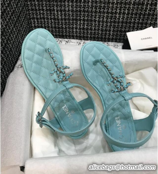 Unique Style Chanel Leather Heel Thong Sandals with Chain Charm 040895 Light Blue