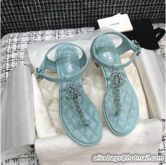 Unique Style Chanel Leather Heel Thong Sandals with Chain Charm 040895 Light Blue