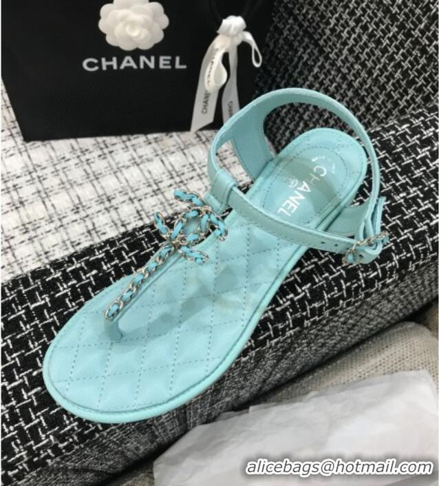 Unique Style Chanel Leather Heel Thong Sandals with Chain Charm 040895 Light Blue