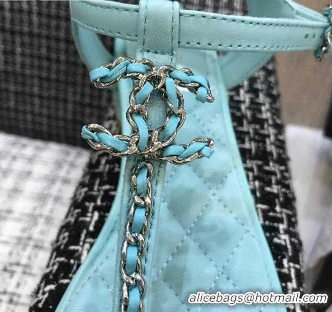 Unique Style Chanel Leather Heel Thong Sandals with Chain Charm 040895 Light Blue