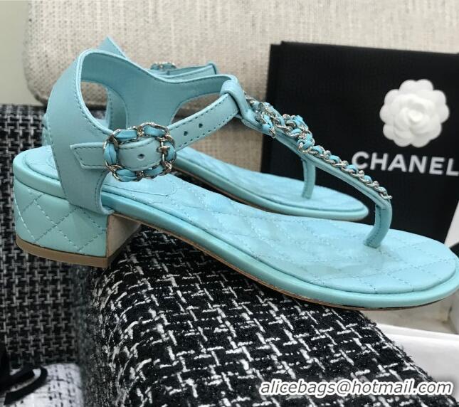 Unique Style Chanel Leather Heel Thong Sandals with Chain Charm 040895 Light Blue