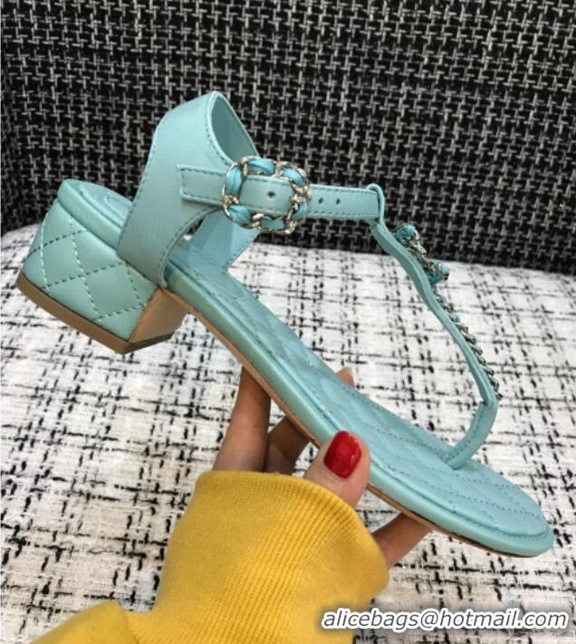 Unique Style Chanel Leather Heel Thong Sandals with Chain Charm 040895 Light Blue