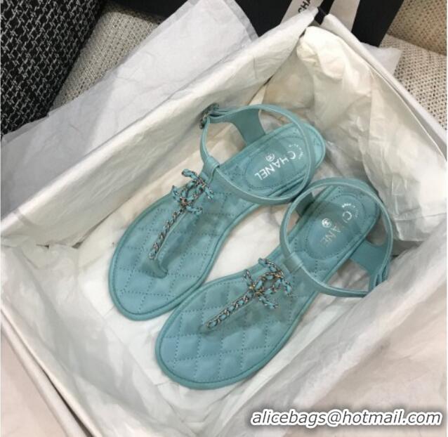 Unique Style Chanel Leather Heel Thong Sandals with Chain Charm 040895 Light Blue