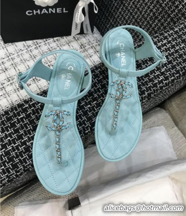 Unique Style Chanel Leather Heel Thong Sandals with Chain Charm 040895 Light Blue