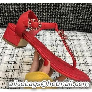 Charming Chanel Leather Heel Thong Sandals with Chain Charm 040895 Red