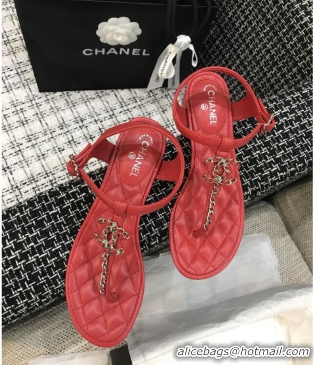 Charming Chanel Leather Heel Thong Sandals with Chain Charm 040895 Red