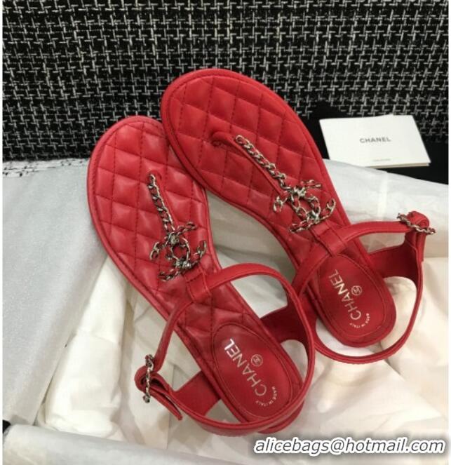 Charming Chanel Leather Heel Thong Sandals with Chain Charm 040895 Red