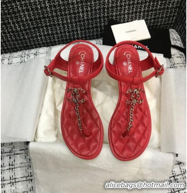 Charming Chanel Leather Heel Thong Sandals with Chain Charm 040895 Red