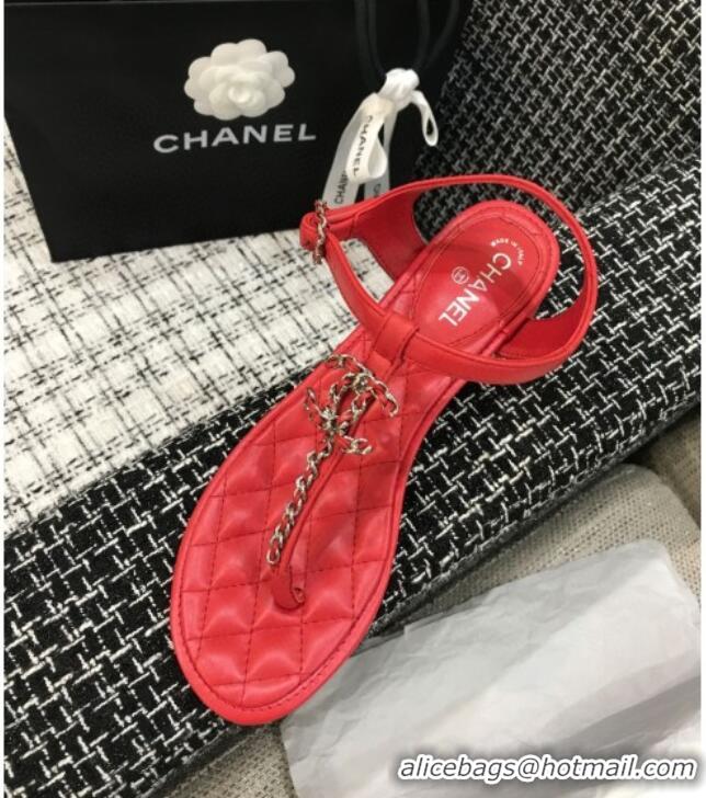 Charming Chanel Leather Heel Thong Sandals with Chain Charm 040895 Red