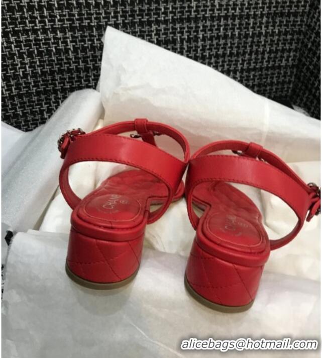 Charming Chanel Leather Heel Thong Sandals with Chain Charm 040895 Red