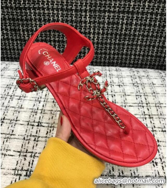 Charming Chanel Leather Heel Thong Sandals with Chain Charm 040895 Red