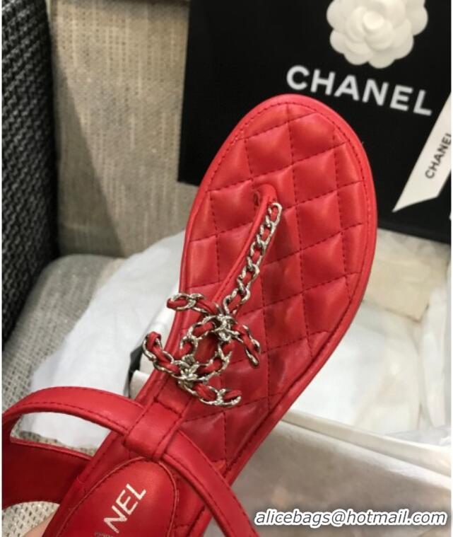 Charming Chanel Leather Heel Thong Sandals with Chain Charm 040895 Red