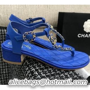 Best Product Chanel Leather Heel Thong Sandals with Chain Charm 040895 Royal Blue