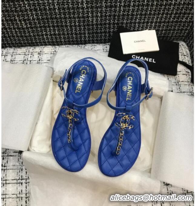 Best Product Chanel Leather Heel Thong Sandals with Chain Charm 040895 Royal Blue