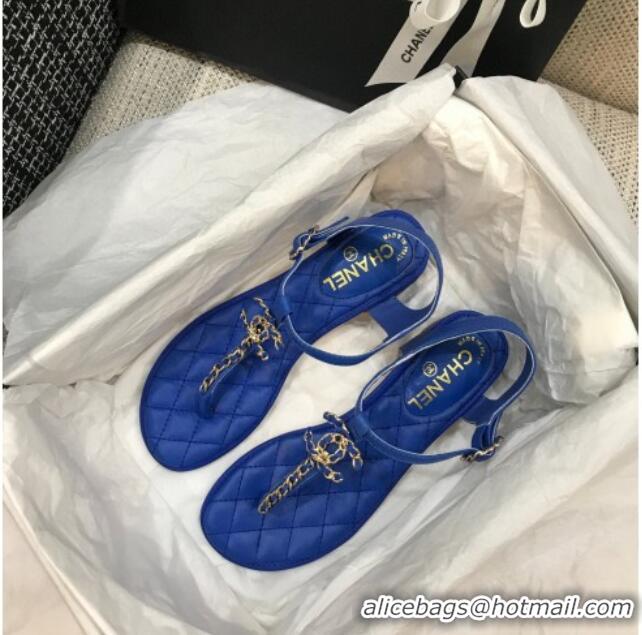 Best Product Chanel Leather Heel Thong Sandals with Chain Charm 040895 Royal Blue