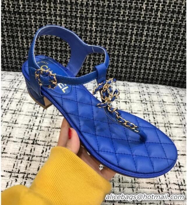 Best Product Chanel Leather Heel Thong Sandals with Chain Charm 040895 Royal Blue