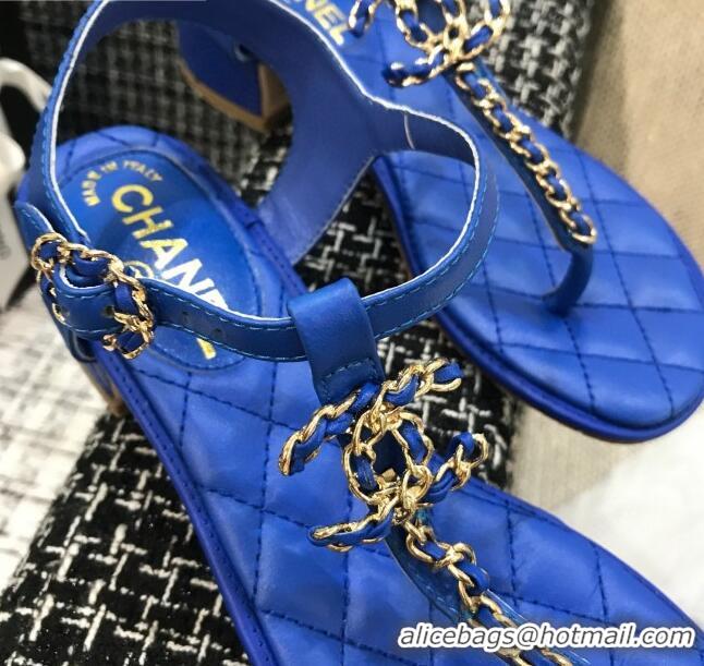 Best Product Chanel Leather Heel Thong Sandals with Chain Charm 040895 Royal Blue