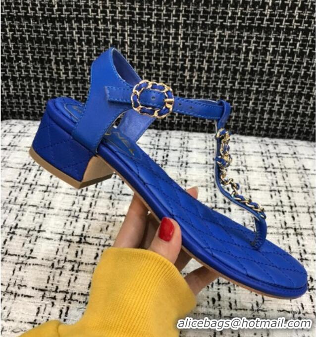 Best Product Chanel Leather Heel Thong Sandals with Chain Charm 040895 Royal Blue