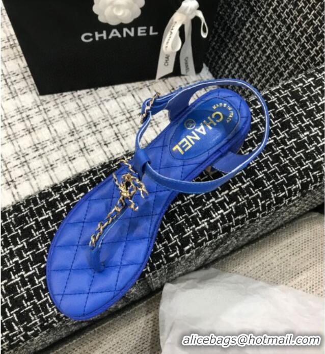 Best Product Chanel Leather Heel Thong Sandals with Chain Charm 040895 Royal Blue