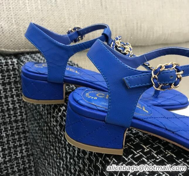 Best Product Chanel Leather Heel Thong Sandals with Chain Charm 040895 Royal Blue