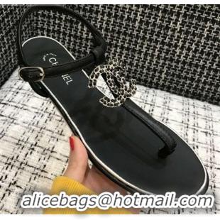 Good Quality Chanel Lambskin Flat Thong Sandals with Chain CC 040899 Black 2021