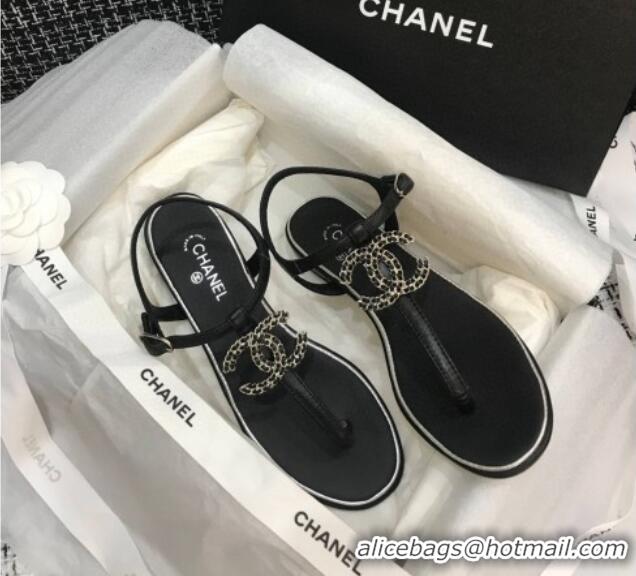 Good Quality Chanel Lambskin Flat Thong Sandals with Chain CC 040899 Black 2021