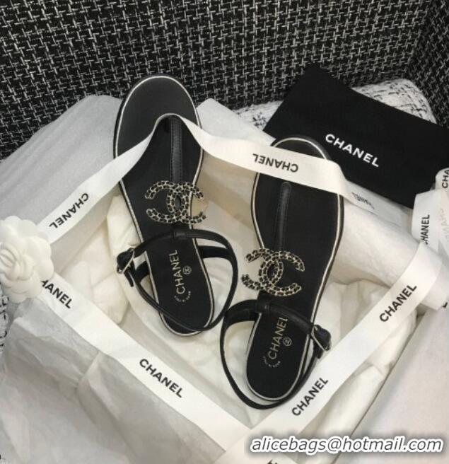 Good Quality Chanel Lambskin Flat Thong Sandals with Chain CC 040899 Black 2021