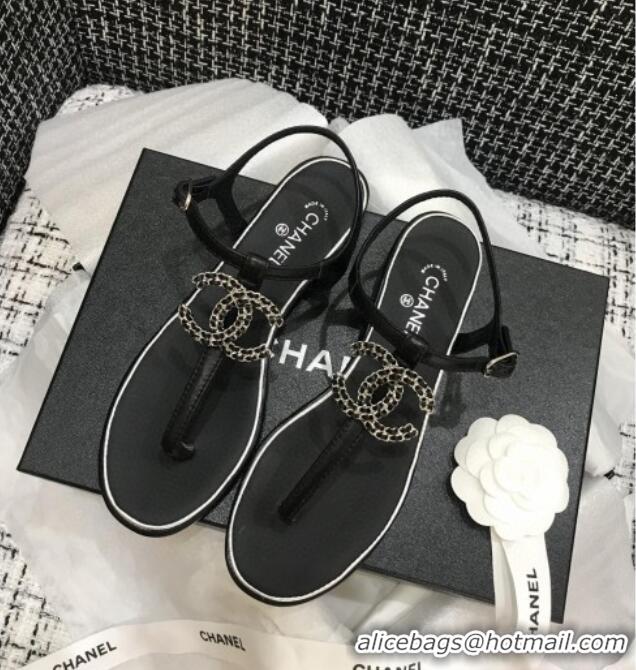 Good Quality Chanel Lambskin Flat Thong Sandals with Chain CC 040899 Black 2021