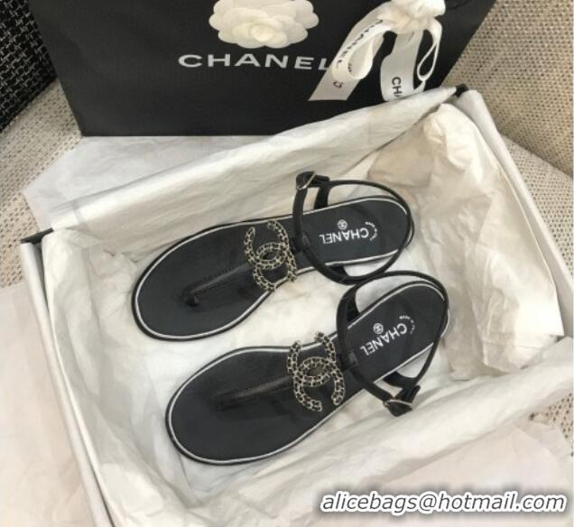 Good Quality Chanel Lambskin Flat Thong Sandals with Chain CC 040899 Black 2021