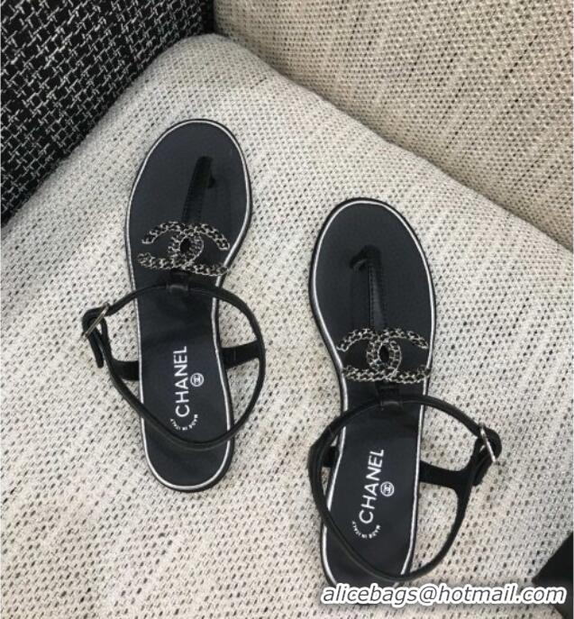 Good Quality Chanel Lambskin Flat Thong Sandals with Chain CC 040899 Black 2021