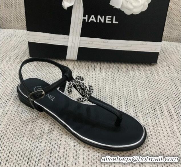 Good Quality Chanel Lambskin Flat Thong Sandals with Chain CC 040899 Black 2021