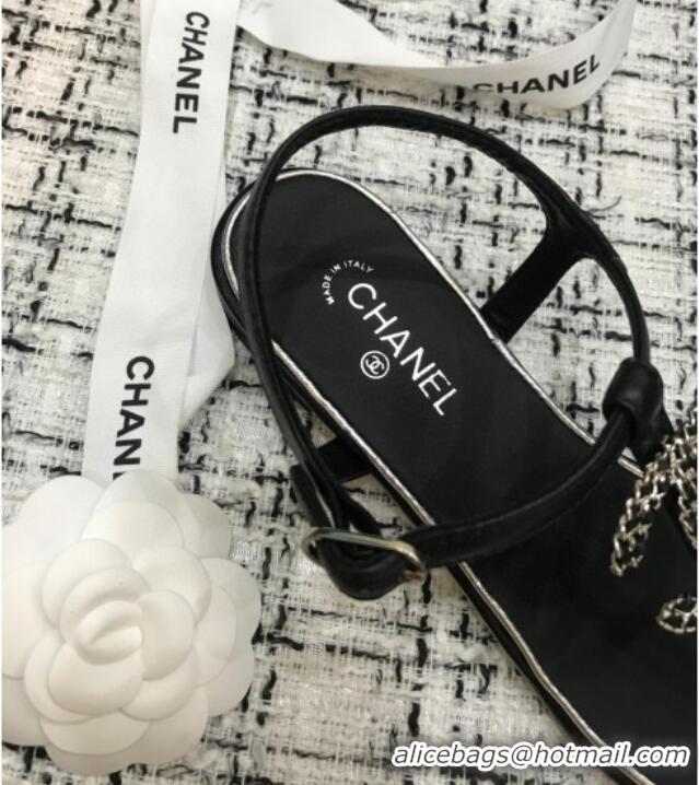 Good Quality Chanel Lambskin Flat Thong Sandals with Chain CC 040899 Black 2021