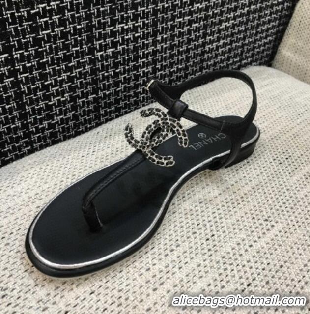 Good Quality Chanel Lambskin Flat Thong Sandals with Chain CC 040899 Black 2021