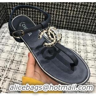 Good Looking Chanel Lambskin Flat Thong Sandals with Chain CC 040899 Dark Blue 2021