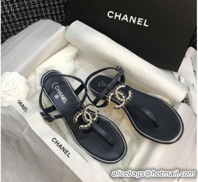 Good Looking Chanel Lambskin Flat Thong Sandals with Chain CC 040899 Dark Blue 2021