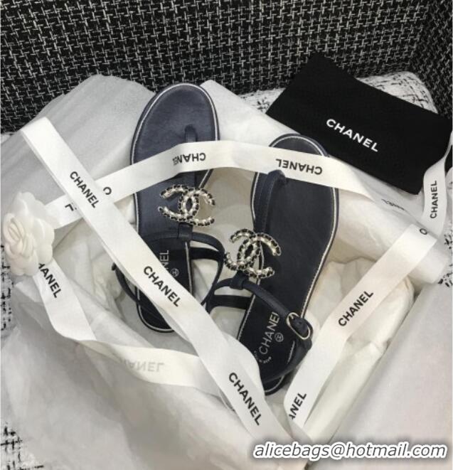 Good Looking Chanel Lambskin Flat Thong Sandals with Chain CC 040899 Dark Blue 2021