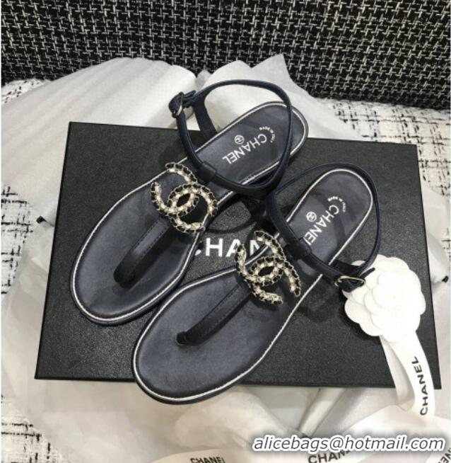 Good Looking Chanel Lambskin Flat Thong Sandals with Chain CC 040899 Dark Blue 2021