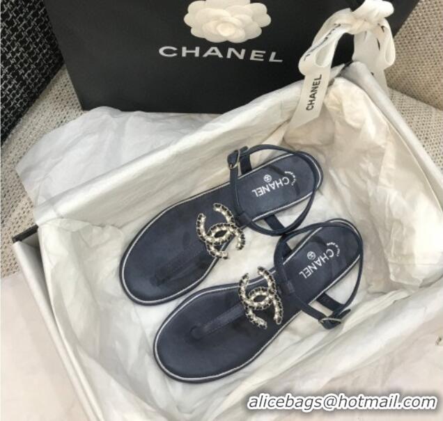 Good Looking Chanel Lambskin Flat Thong Sandals with Chain CC 040899 Dark Blue 2021