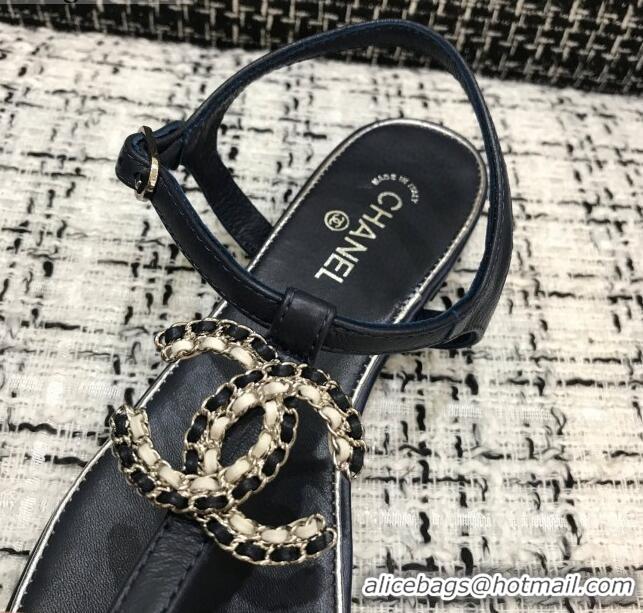 Good Looking Chanel Lambskin Flat Thong Sandals with Chain CC 040899 Dark Blue 2021