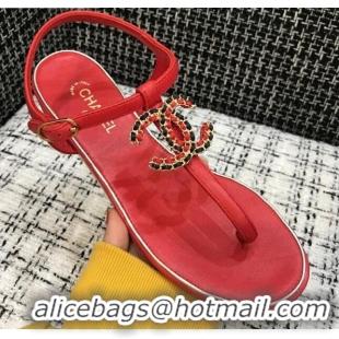 Popular Style Chanel Lambskin Flat Thong Sandals with Chain CC 040899 Red 2021