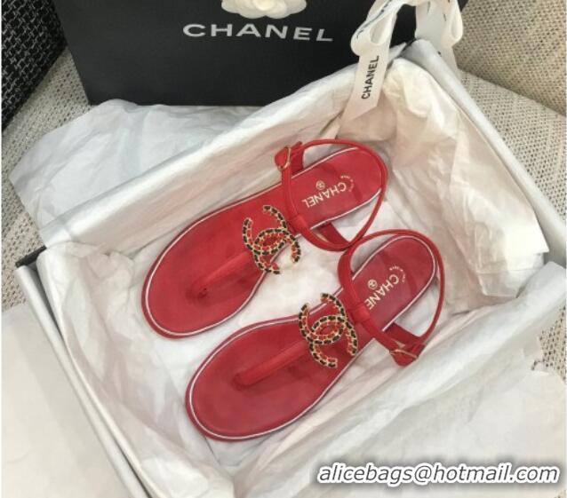 Popular Style Chanel Lambskin Flat Thong Sandals with Chain CC 040899 Red 2021