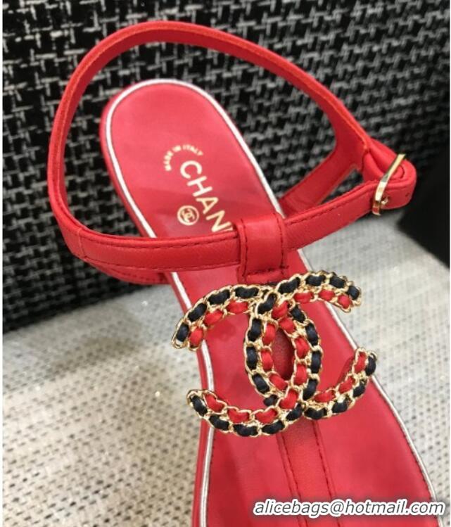 Popular Style Chanel Lambskin Flat Thong Sandals with Chain CC 040899 Red 2021