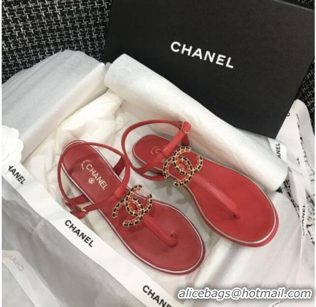 Popular Style Chanel Lambskin Flat Thong Sandals with Chain CC 040899 Red 2021